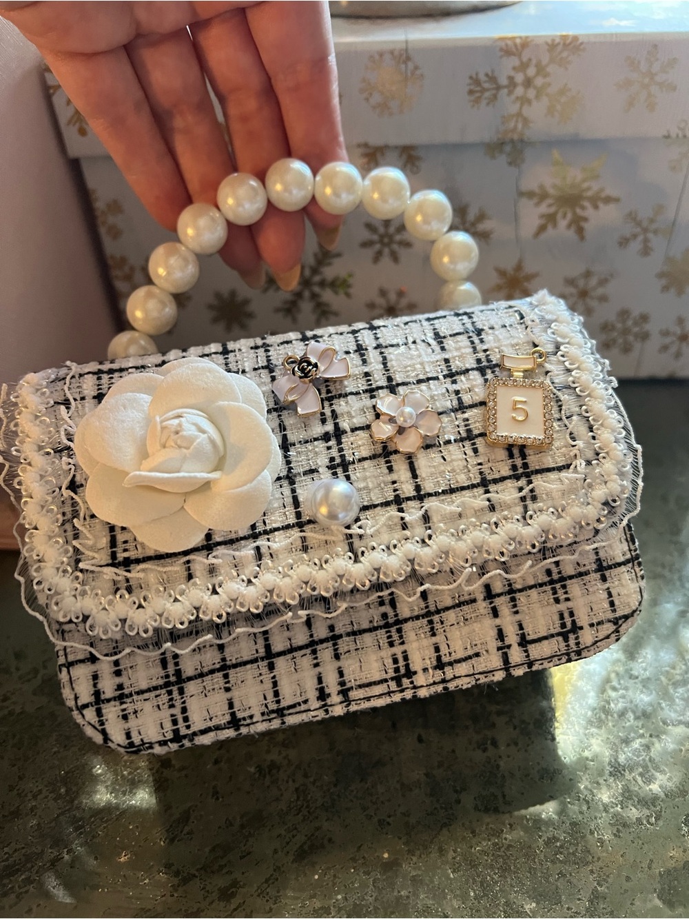 Top Handle pearl white black tweed lace Camellia flower mini bag purse n5 - Picture 8 of 13